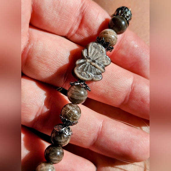 Stunning Skeletal Moonstone and Silver Obsidian Butterfly Beaded Stretch Bracele - Picture 4 of 6